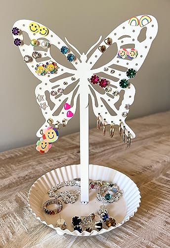 Top Brass Butterfly Earring Holder Organizer Metal Standing Jewelry Tree Display with Ring Tray (White) - color: White
