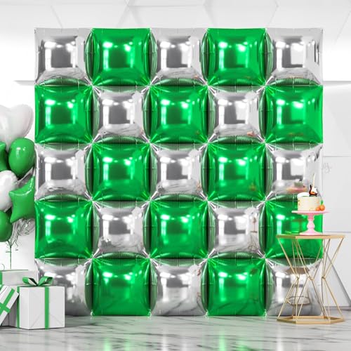 NISOCY 25PCS Green Silver Square Foil Balloons Wall Backdrop Double Sided Silver Green Balloons Arch Kit for Birthday Anniversary Graduation Forest Baby Bridal Shower Kids Party Decorations - color: Green and Silver, size: 25PCS