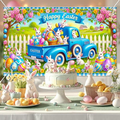 BlissYard Easter Bunny Truck Banner Spring Farm Scene 71x43 Inch Cute Holiday Backdrop with Rabbits Eggs Flowers Happy Easter Design for Yard Porch Party Kids Celebration Display - color: Blue