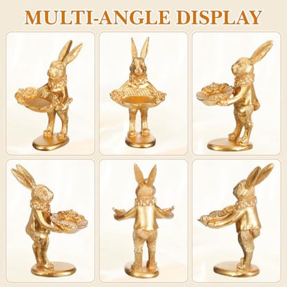 Garneck Gold Bunny Statue Decor: Retro Rabbit Figurine with Oval Plate Jewelry Trinket Dish Ring Tray for Earrings Necklace Bracelet Keys Desktop Nightstand Easter Home
