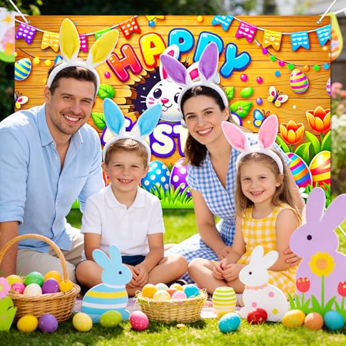 BlissYard Happy Easter Party Backdrop Banner Bunny Backdrop 71x43 Inch Spring Easter Cute Rabbit Colorful Eggs Floral Background Photography Baby Shower Party Photo Booth Props - color: Easter Bunny#6