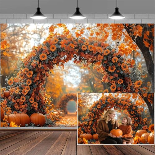 5X3FT Fall Photography Backdrop Autumn Enchanted Forest Maple Leaves Pumpkin Sunflowers Arch Party Background Thanksgiving Party Decorations Farm Harvest Event Banner Friendsgiving Photo Booth Props - color: Yellow, size: 5X3FT