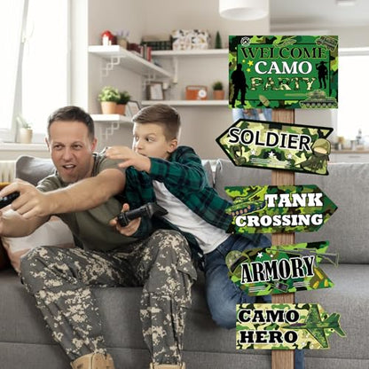 Hooqict 20 Pieces Camo Party Signs Army Birthday Party Decorations Camouflage Military Birthday Party Supplies for Boys Men Army Themed Directional Sign - style: Camo