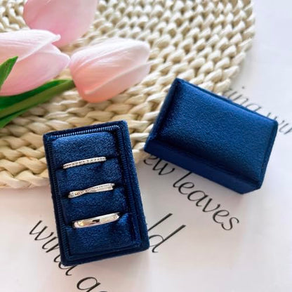 Rectangle 3 Slots Italian Velvet Jewelry Box Engagement Wedding Photo Ring Box Keepsake Box Triple Ring Gift Box (Navy) - color: Navy