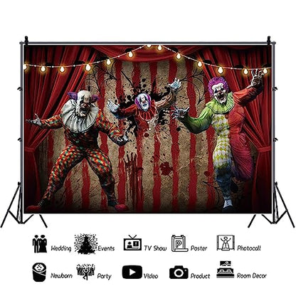 AOFOTO 5x4ft Scary Clown Decorations Backdrop Horror Circus Theme Halloween Photography Backdrop Giant Evil Clown Creepy Bloody Zombie Background Carnival Hallowmas Party Banner Photo Studio Props - size: 5x4ft