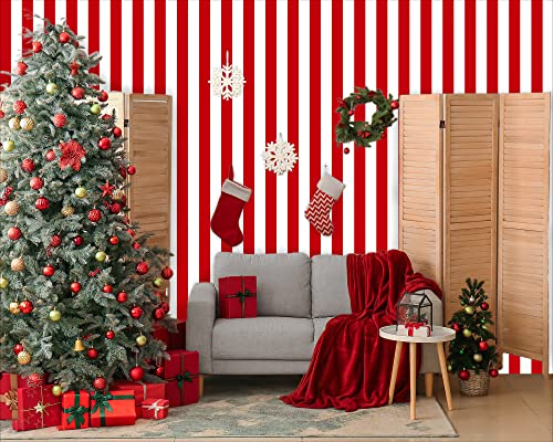 Red and White Striped Tablecloth Roll 52 in x 100 Ft with Slide Cutter Circus Carnival Party Supplies Halloween Christmas Plastic Picnic Table Cover for Indoor Outdoor Events Family Banquet Party - color: Red and White Striped