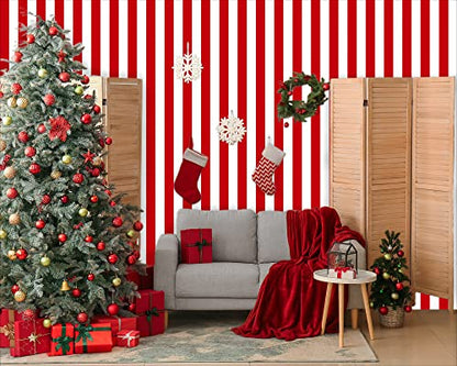 Red and White Striped Tablecloth Roll 52 in x 100 Ft with Slide Cutter Circus Carnival Party Supplies Halloween Christmas Plastic Picnic Table Cover for Indoor Outdoor Events Family Banquet Party - color: Red and White Striped