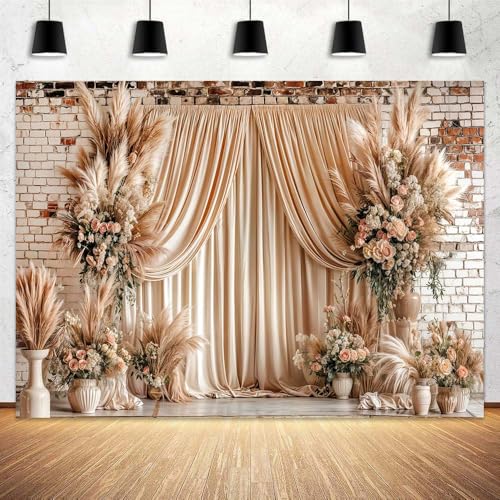 7X5ft Boho Floral Wedding Backdrop Wall Background Photography Beige Vintage Flowers Backdrops for Parties Wedding, Girls Birthday Princess Weeding Bridal Shower Floral Anniversary Ceremony Decor - color: Boho02, size: 7X5FT