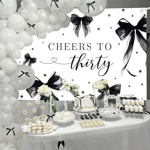 MEHOFOND 7x5ft Coquette 30th Birthday Backdrop for Women Cheers to Thirty Photography Background Black Bow Theme Birthday Party Banner 30 Years Celebration Party Photo Props - color: Black, size: 7x5ft