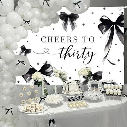 MEHOFOND 7x5ft Coquette 30th Birthday Backdrop for Women Cheers to Thirty Photography Background Black Bow Theme Birthday Party Banner 30 Years Celebration Party Photo Props - color: Black, size: 7x5ft