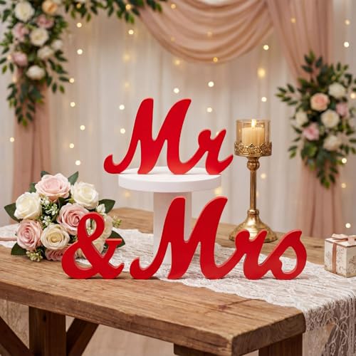 AceOrbit Red 3 Pcs Mr & Mrs Sign Table Decor Sweetheart Mr and Miss Wooden Letters Freestanding Wedding Sign Rustic Table Centerpieces for Wedding Party Photo Booth Props Decorations Supplies - color: Red