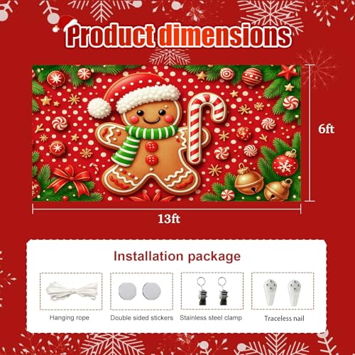 HOMETITUTE Christmas Garage Door Cover 13x6ft Gingerbread Man Banner Candy Cane Bells Stars Holiday Backdrop Red White Dot Background Gift Boxes Green Pine Branches Outdoor Indoor Seasonal - color: Garage Banner#8