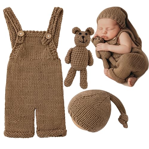 Newborn Photoshoot Outfits Crochet Bear Hat & Romper Set for Baby Boys Girls - Handmade Photo Props Outfits - color: Camel