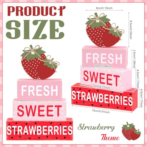 GlikCeil 4 Pcs Strawberry Table Decoration Summer Wooden Tiered Tray Decor Set Strawberry Wood Block Table Sign Centerpieces Farmhouse Rustic Summer Tabletop Decors for Home Office Desk Shelf Decor - style: Strawberry