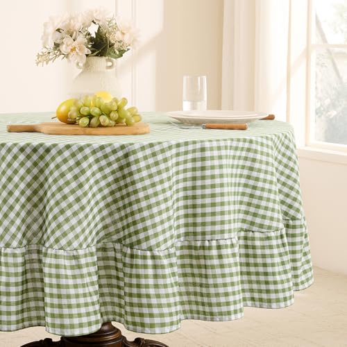 Romanstile Gingham Ruffled Tablecloth Round - Waterproof Linen Cotton Checkered Table Cloth, Outdoor Plaid Table Cover for Picnic, Camping, Party - 70 Inch, Sage - color: Sage Plaid, size: 70" (Round)