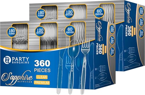 PARTY BARGAINS Disposable Cutlery Set 720-Piece – Sapphire Settings Clear Plastic Forks Spoons Knives – Heavy-Duty Utensils for Parties Catering Weddings & Events – BPA Free - color: A Sapphire, size: 720 Pieces