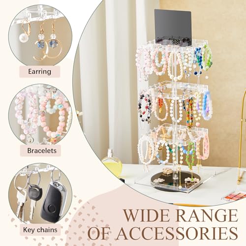 4-tier Bracelet Holder 360° Rotating Acrylic Bracelet Display Stand with 60 Hooks, Jewelry Holder Organizer with Tray, Jewelry Display Stand with Advertising Board for Bangles Keychain Earrings Vendor