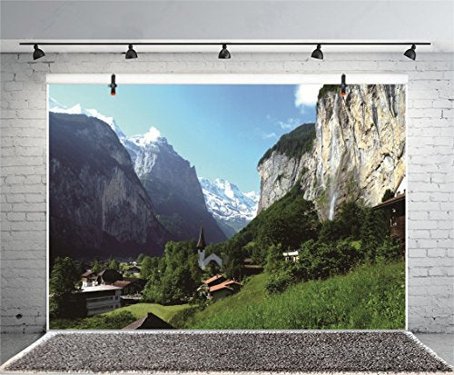 Leyiyi 12x6ft Natural Scenery Photography Background Switzerland Alps Backdrop Lauterbrunnen Valley North European Travel Countryside Building Forest Photo Portrait Vinyl Video Studio Prop - size: 12x6ft