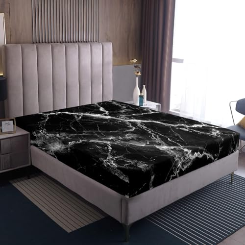 Erosebridal Black Marble Fitted Sheet Queen Size, Artwork Stone Pattern Bedding Set for Kids Teens Adult Women Bedroom, Modern Marble Texture Bed Sheets Black White Soft Microfiber Sheets - color: Black White, size: Queen