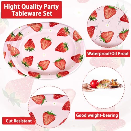 Grencian 50 Pcs Strawberry Oval Paper Plates Large 10" x 12" Strawberry Plates Disposable Berry Sweet Tableware for Girl Strawberry Birthday Party Decorations Spring Summer Fruit Baby Shower Supplies - style: Strawberry Oval Plates