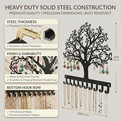 Jewelry Organizer Earring Holder Tree of Life Wall Mounted or Hanging Necklace and Bracelet Holder Metal Jewelry Display with Hooks for Studs Mother’s Day Gift for Women Mom Wife Daughter (Style1)