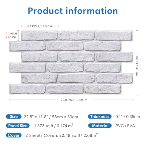 COMSTICKC 3D White Faux Brick Wall Panel Peel and Stick Wall Covering, 12 Pcs of 22.8" x 11.8", 3D Brick Wall Stickers, UrltraLight PVC Adhesive Brick Decorative Tiles, 22.48 sq.ft - color: Retro-White