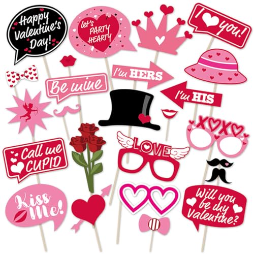 Valentine's Day Photo Booth Props, 25 Pcs Happy Lovers Selfie Photobooth Props, Masks, Love, Glasses, Mustache, Snowman for Wedding Party Decoration Supplies Selfie Dress-Up Props