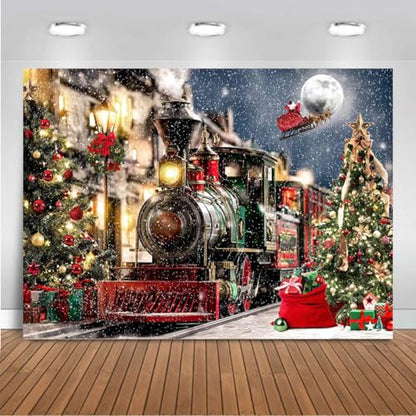 Mocsicka Christmas Train Backdrop Winter Town Snow Railway Xmas Tree Photography Background Winter Xmas Eve New Year Family Party Decor Photo Booth Studio Props (7x5ft (82x60 inch)) - size: 7x5ft (82x60 inch)