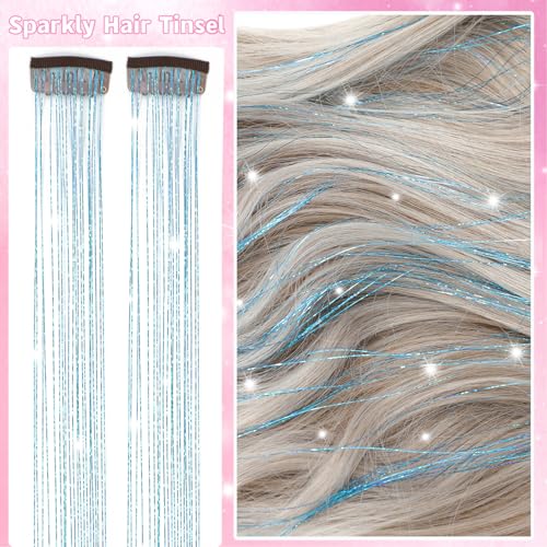 Hair Tinsel Clip in 12 Pcs Glitter Tinsel Hair Extensions 20 Inch Fairy Hair Clip in Hair Tinsel Heat Resistant Sparkly Hair Accessories for Girls Women Kids (Sky Blue) - color: Sky Blue