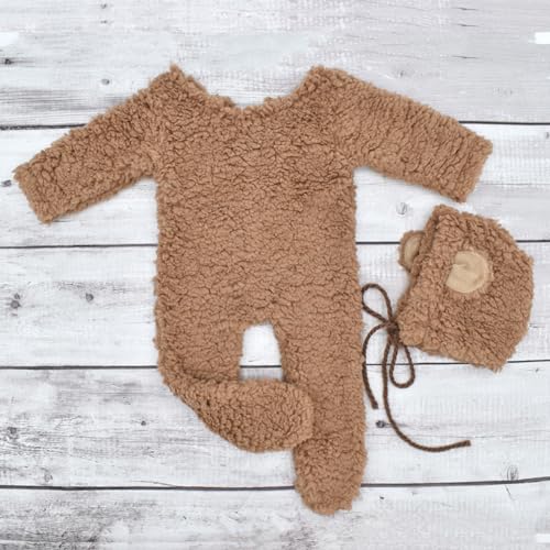 Zeroest Newborn Photography Props Boy Outfits Bear Baby Girl Photo Props Outfits Hat Footed Romper Sleeved Set for Photoshoot - color: Tan