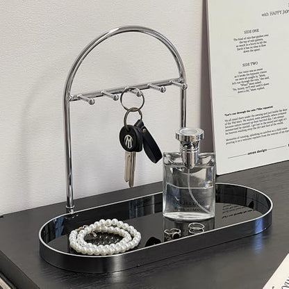 Shinpuru Metal Jewelry Organizer Stand & Key Holder Tray with Acrylic Base, Key Stand and Jewelry Tray with 5 Hooks, Perfect Key Bowl, Valet Key Tray, Ring Holder, Jewelry Dish (Silver Black) - color: Silver Black
