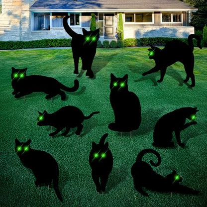 Blulu 9 Pcs Halloween Decorations Outdoor Black Cat Yard Signs with Stakes Scary Silhouette with Glow in The Dark Eyes Corrugated Plastic Waterproof Black Cat Decor for Garden Lawn Patio (Cats) - style: Cats