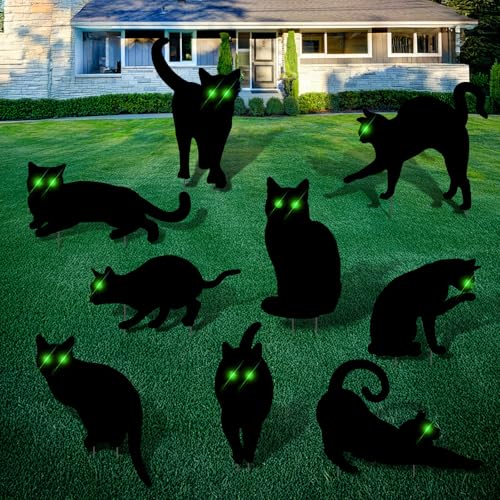 Blulu 9 Pcs Halloween Decorations Outdoor Black Cat Yard Signs with Stakes Scary Silhouette with Glow in The Dark Eyes Corrugated Plastic Waterproof Black Cat Decor for Garden Lawn Patio (Cats) - style: Cats