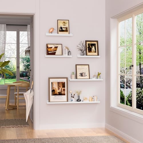Heimlove 16 Inch Picture Ledge Shelf with Lip Set of 8,White Floating Shelves for Wall,Wall Shelves in Varying Depths for Living Room Bedroom Bookshelf Photo Frames Nursery Book Shelves for Storage - color: White, size: 16 inches set of 8