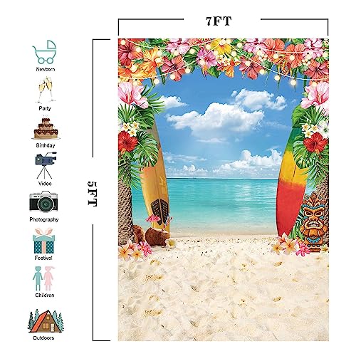 5x7ft Summer Hawaiian Beach Backdrop for Photography Tropical Flower Luau Hawaiian Party Decorations Aloha Blue Sky Ocean Palm Leaves Background Supplies Photoshoot - size: 5'x7'