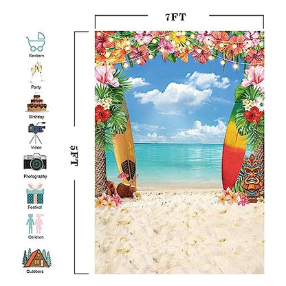 5x7ft Summer Hawaiian Beach Backdrop for Photography Tropical Flower Luau Hawaiian Party Decorations Aloha Blue Sky Ocean Palm Leaves Background Supplies Photoshoot - size: 5'x7'