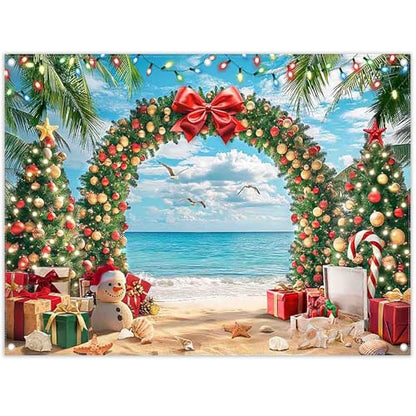8x6ft Fabric Christmas Beach Backdrop Summer Xmas Tree Snowman Arch Seagull Tropical Hawaiian Photography Background Family Holiday Party Decor Photo Props - size: 8'x6'