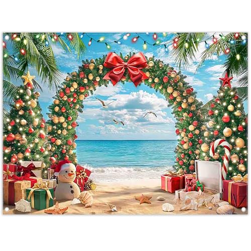 8x6ft Fabric Christmas Beach Backdrop Summer Xmas Tree Snowman Arch Seagull Tropical Hawaiian Photography Background Family Holiday Party Decor Photo Props - size: 8'x6'