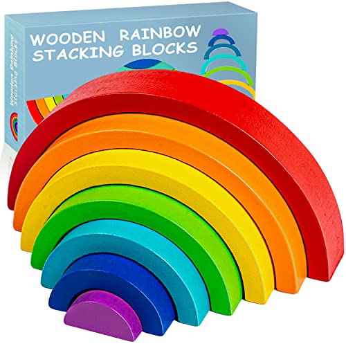 TUOWITA Wooden Rainbow Stacking Toy, Wood Stacker Arch Game, Montessori Arch Bridge Rainbow Building Blocks, Colorful Stacking Blocks Puzzles for Kids 2 3 4 5 Years Old, Rainbow Decor Toys - color: Rainbow