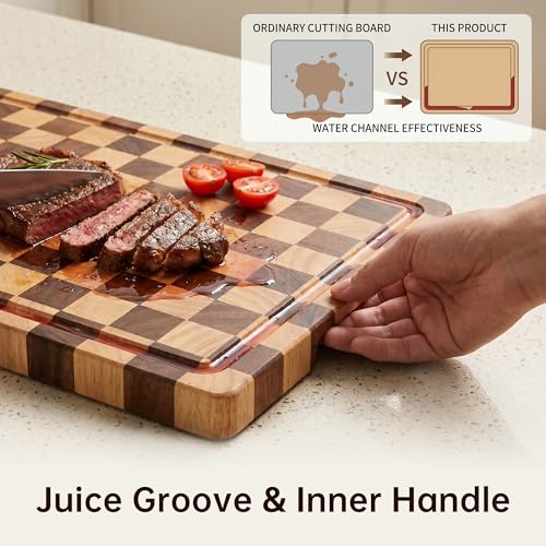 THETCHRY Cutting Boards for Kitchen, Checkered Cutting Board Upgraded, Acacia Wood Chopping Board with Juice Grooves & Handles, Large Butcher Block Serving Tray with Gift Box, 17"X12"X0.8" - size: 17"L x 12"W