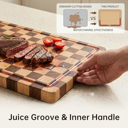 THETCHRY Cutting Boards for Kitchen, Checkered Cutting Board Upgraded, Acacia Wood Chopping Board with Juice Grooves & Handles, Large Butcher Block Serving Tray with Gift Box, 17"X12"X0.8" - size: 17"L x 12"W