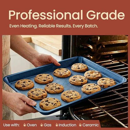 Diamond Bottom Cookie Sheet Set of 2, Nonstick Blue Carbon Steel Baking Pans for Crisp Baking, Space-Saving Stackable Trays, PFOA, PFOS, PTFE Free, Oven Safe Up to 450°F, Small & Medium Pans - color: Blue, size: Pack of 2