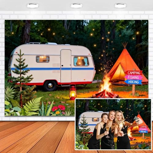 Summer Camping Photography Backdrop 7x5ft Vinyl Forest Night Campfire Tent Car Background Camper Adventure Hiking Theme Party Decorations Outdoor Photo Props Wallpaper - color: white bus, size: 7x5ft