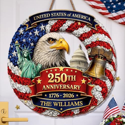 Personalized 250th Anniversary Patriotic Wood Wreath Door Sign 1776-2026, Custom Family Name Round Door Hanger, Independence Decor, Decoration Gifts, Gift For Mom, Dad, Brother, Family /14 - color: Design 14