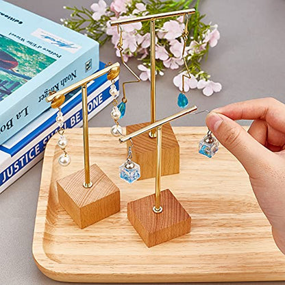 FINGERINSPIRE 3 Pcs Gold Metal T Bar Earring Display Stand 6.3/5.5/4.5 Inch Height Jewelry Stand with Wooden Square Base Earring Hanging Holders Jewelry Organizer for Store Retail Photography Props - color: Gold- Square Base, 6.3&5.5&4.5 Inch Height