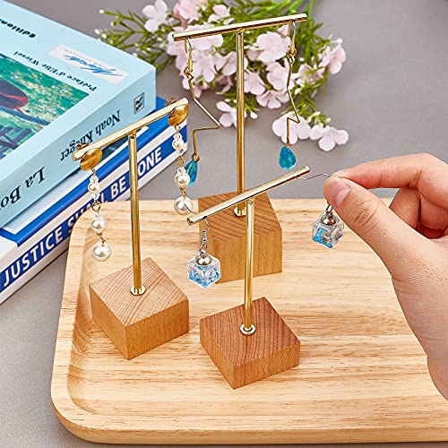 FINGERINSPIRE 3 Pcs Gold Metal T Bar Earring Display Stand 6.3/5.5/4.5 Inch Height Jewelry Stand with Wooden Square Base Earring Hanging Holders Jewelry Organizer for Store Retail Photography Props - color: Gold- Square Base, 6.3&5.5&4.5 Inch Height