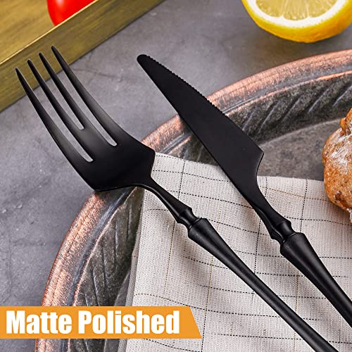 Lemeya 24-Piece Black Silverware Set for 6,Modern 18/10 Stainless Steel Flatware Set,Unique Rustic Cutlery Utensils Set,Spoon and Fork Set for Home, Restaurant,Wedding,Mirror Polished,Dishwasher Safe - color: Matte Black 24 Pieces Set with Tea Spoon