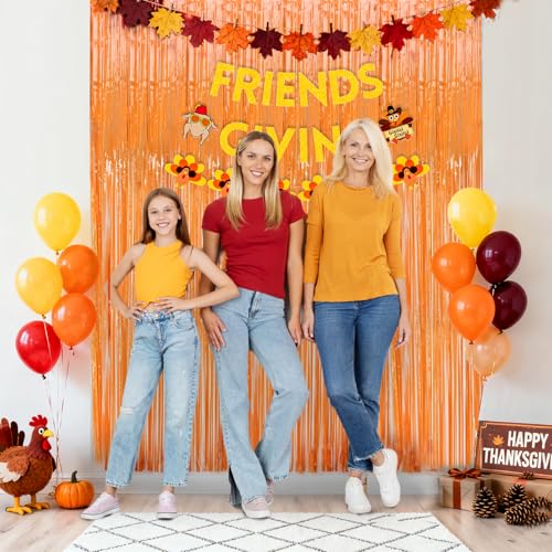 Thanksgiving Decorations Orange Streamers Fringe Backdrop 3.3x8.2ft, 2 Pack Foil Fringe Curtains for Basketball Birthday Party Decorations, Wall Door Decor Tinsel Backdrop for Halloween Bachelorette - color: Orange
