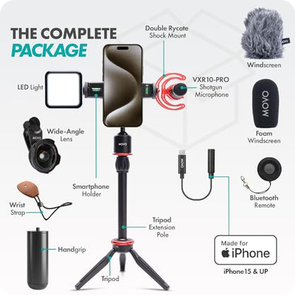 Movo iVlog1-IP Vlogging Kit for iPhone 15/16/17 and up - USB-C Compatible YouTube Starter Kit - with Shotgun Microphone, Mini Tripod, LED Light, Wide-Angle Lens, USB C Adapter, VXR10-PRO - size: USB-C