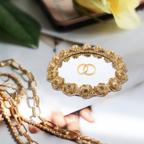 FOMIYES Decorative Rose Gold Mirror Vanity Tray Jewelry Organizer Round Makeup Display Plate for Bathroom Countertop Dressing Table